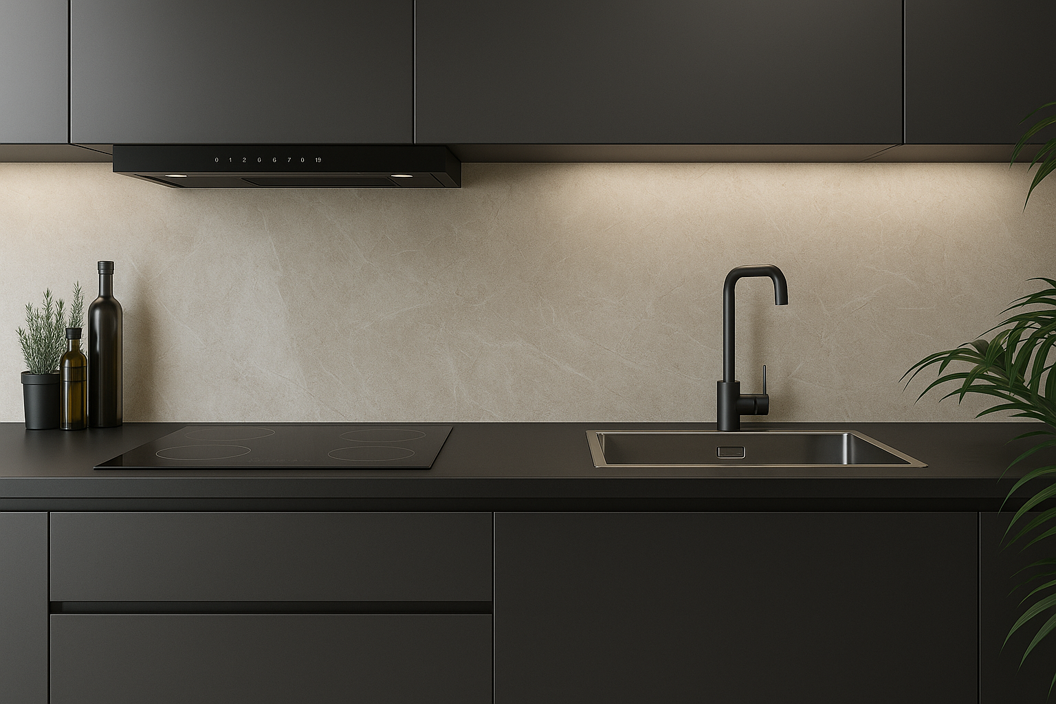 Suggar Depurador de Ar Slim 60cm instalado acima do fogão em cozinha com armários planejados.