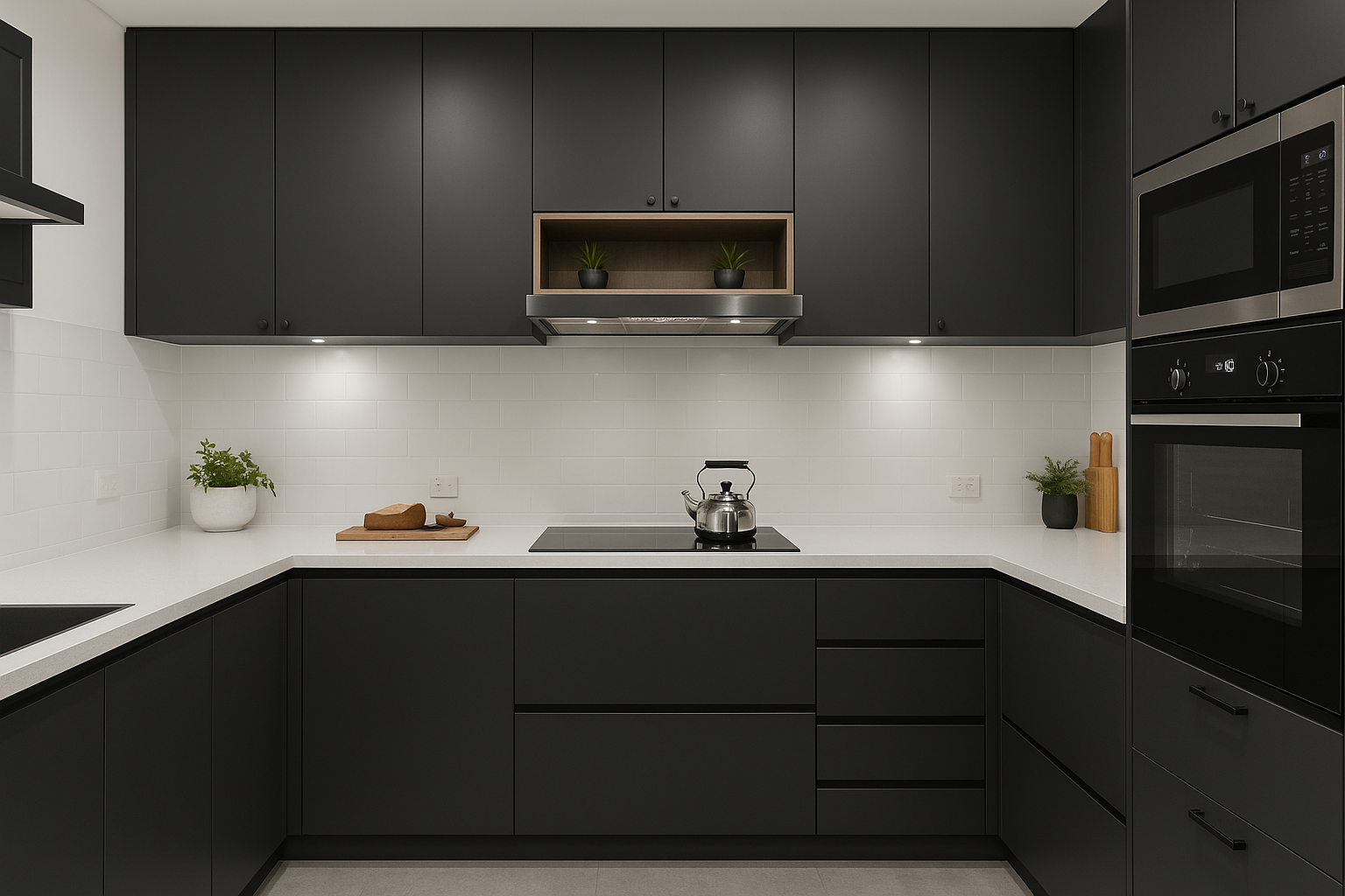 Vista lateral do Depurador de Ar Slim 60cm instalado em cozinha compacta com decoração minimalista.
