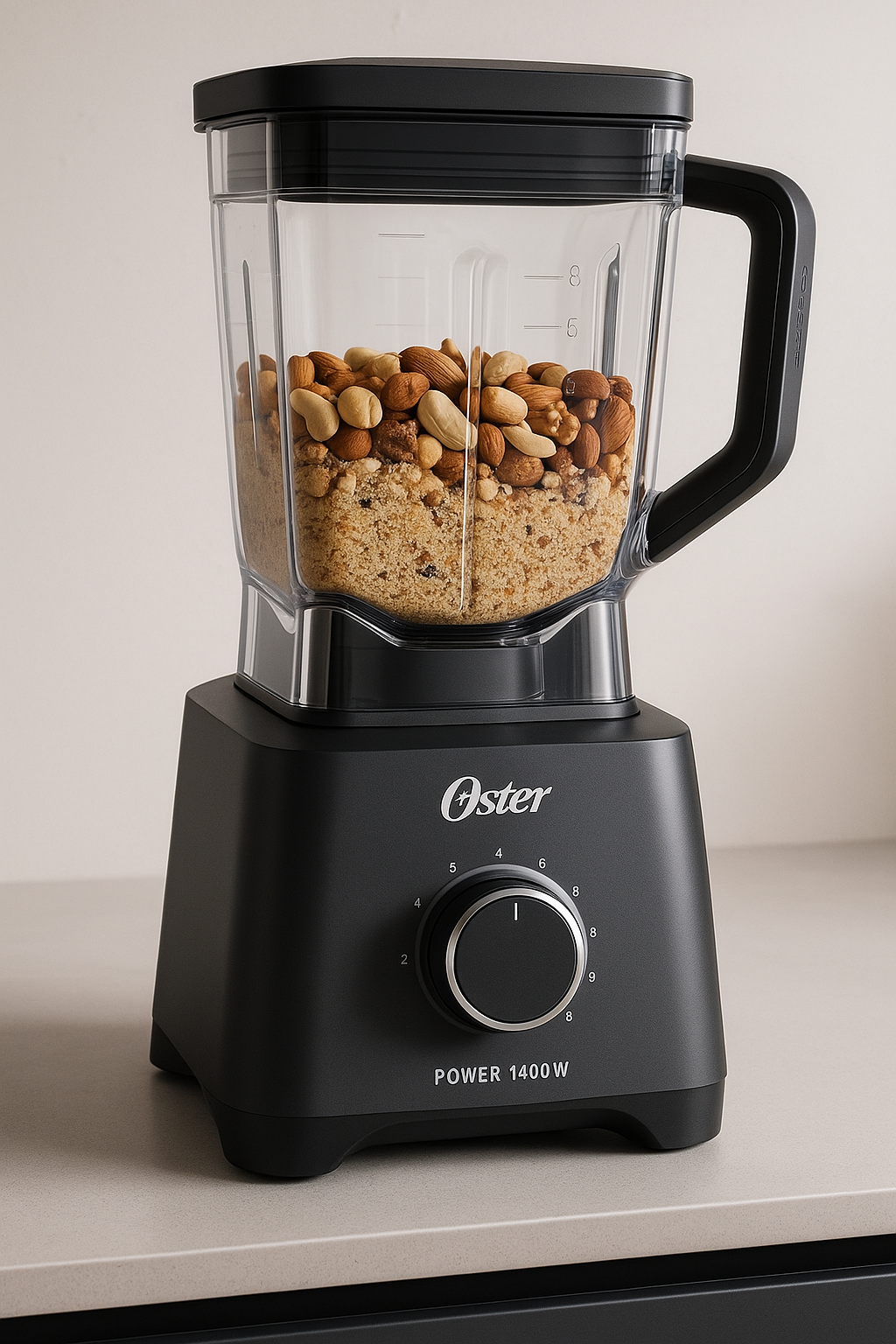 Liquidificador da Oster com copo transparente sobre bancada de cozinha moderna.